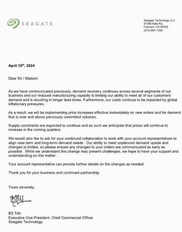希捷科技宣布立即涨价，未来几季价格将持续上涨
